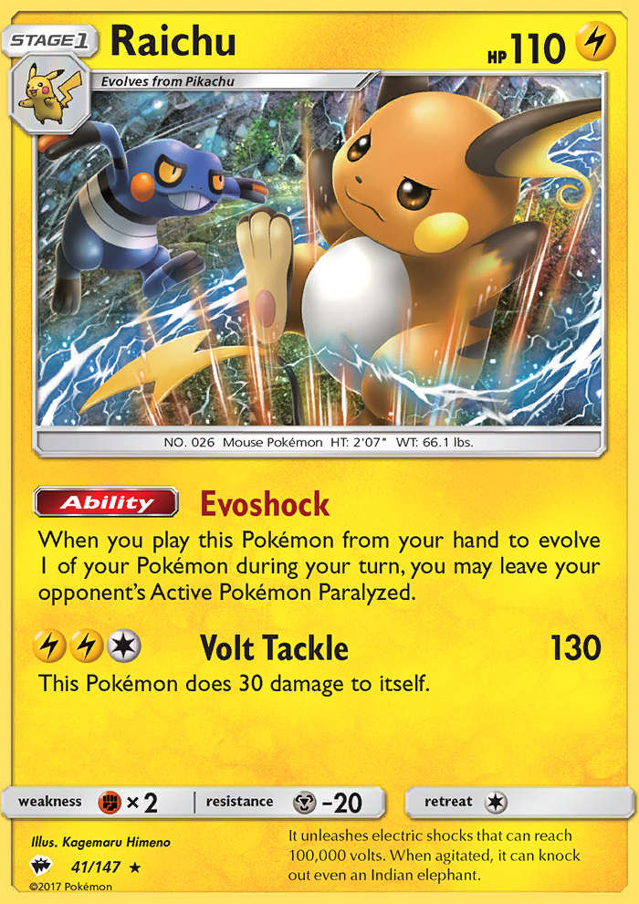 Raichu 41/147 SM Burning Shadows Rare Holo Pokemon Card NEAR MINT TCG