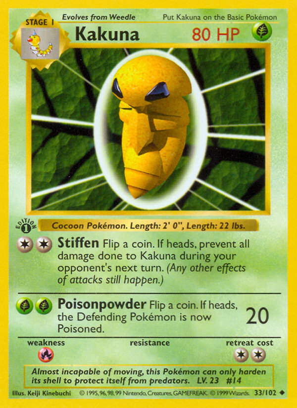 Kakuna 33/102 Base Set 1st Edition Shadowless Uncommon Pokemon Card