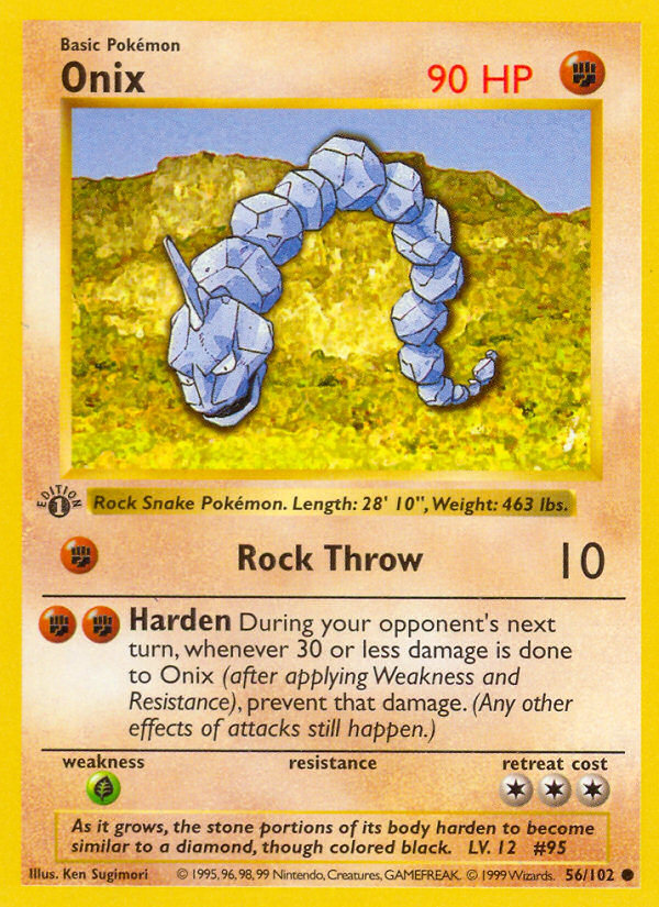Onix 56 102 Base Set 1st Edition Shadowless Common Pokemon Card Near Mint Tcg