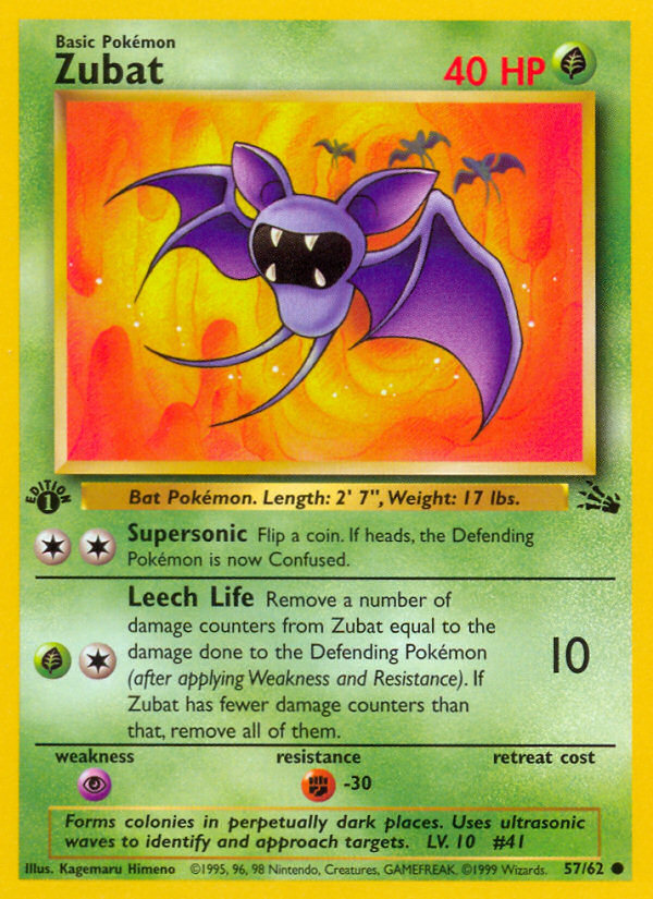 Zubat 57/62 Fossil Set 1st Edition Common Pokemon Card NEAR MINT TCG