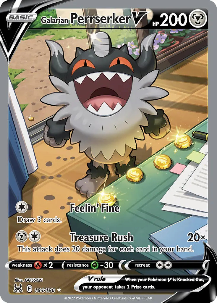 Galarian Perrserker V 184/196 SWSH Lost Origin Holo Full Alterante Art Ultra Rare Pokemon Card NEAR