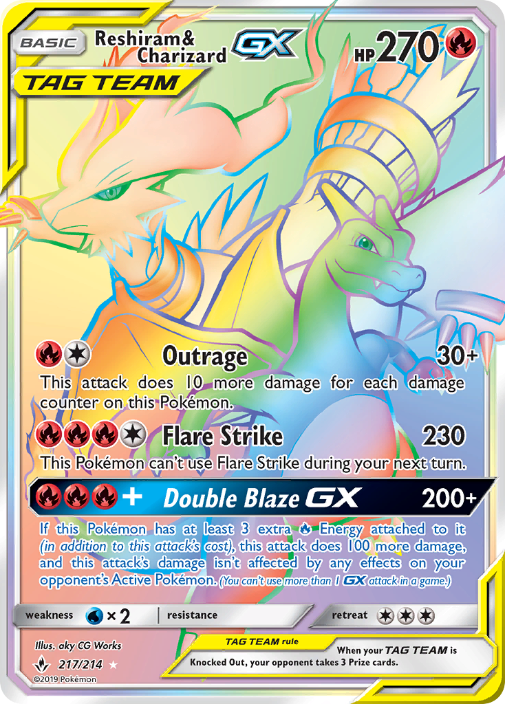 Reshiram & Charizard GX 217/214 SM Unbroken Bonds Holo Hyper Rainbow Rare Full Art Pokemon Card NEAR