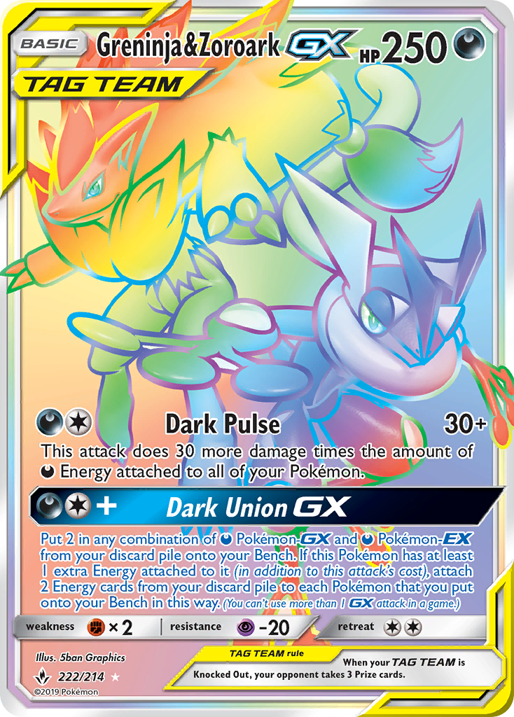 Greninja & Zoroark GX 222/214 SM Unbroken Bonds Holo Hyper Rainbow Rare