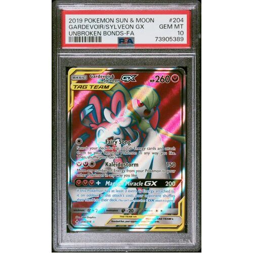 PSA 10 GEM MINT GARDEVOIR & SYLVEON GX UNBROKEN BONDS 204