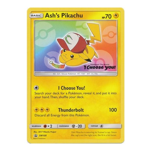 Ash's Pikachu SM108 Black Star Promo Pokemon Card NEAR MINT TCG