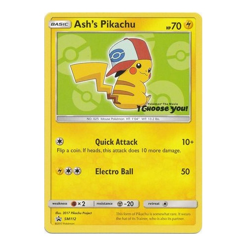 Ash's Pikachu SM112 Black Star Promo Pokemon Card NEAR MINT TCG