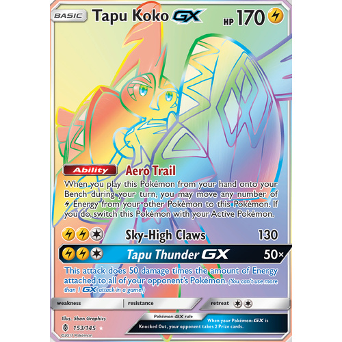 Tapu Koko GX 153/145 SM Guardians Rising Hyper Rare Full Art Holo Pokemon Card