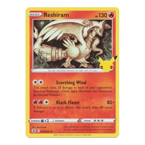 Reshiram 2/25 SWSH Celebrations Holo Rare Pokemon Card NEAR MINT TCG