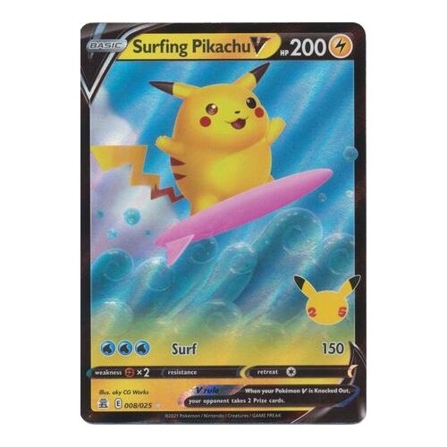 Surfing Pikachu V 8/25 SWSH Celebrations Holo Ultra Rare Pokemon Card NEAR MINT TCG