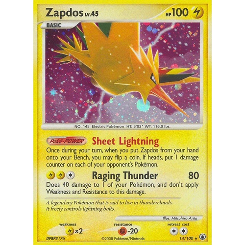 Zapdos 14/100 DP Majestic Dawn Holo Rare Pokemon Card NEAR MINT TCG