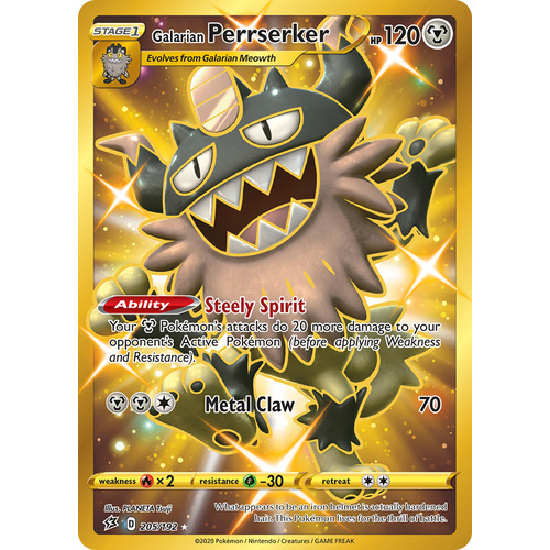 Galarian Perrserker 205/192 SWSH Rebel Clash Holo Gold Secret Rare Full Art Pokemon Card NEAR MINT TCG