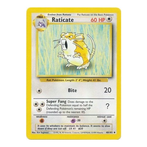 Raticate 40/102 Base Set Unlimited Uncommon Pokemon Card NEAR MINT TCG