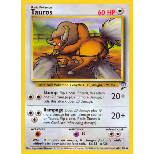 Tauros 62/130 Base Set 2 Uncommon Pokemon Card NEAR MINT TCG
