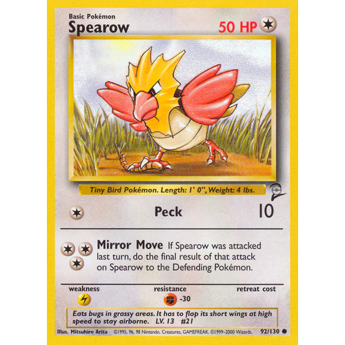 Spearow 92/130 Base Set 2 Common Pokemon Card NEAR MINT TCG