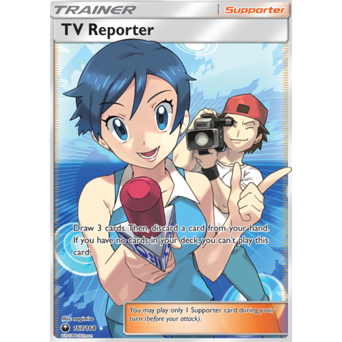 TV Reporter 167/168 SM Celestial Storm Holo Full Art Ultra Rare Pokemon Card NEAR MINT TCG