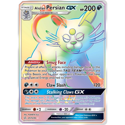 Alolan Persian GX 257/236 SM Cosmic Eclipse Holo Hyper Rainbow Rare Full Art Pokemon Card NEAR MINT TCG
