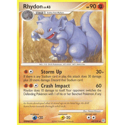 Rhydon 60/130 DP Base Set Uncommon Pokemon Card NEAR MINT TCG