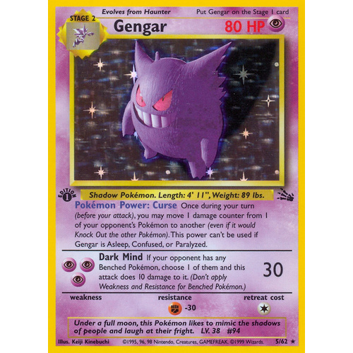 Gengar 5/62 Fossil Set 1st Edition Holo Rare Pokemon Card NEAR MINT TCG