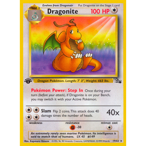 Dragonite 19/62 Fossil Set 1st Edition Rare Pokemon Card NEAR MINT TCG