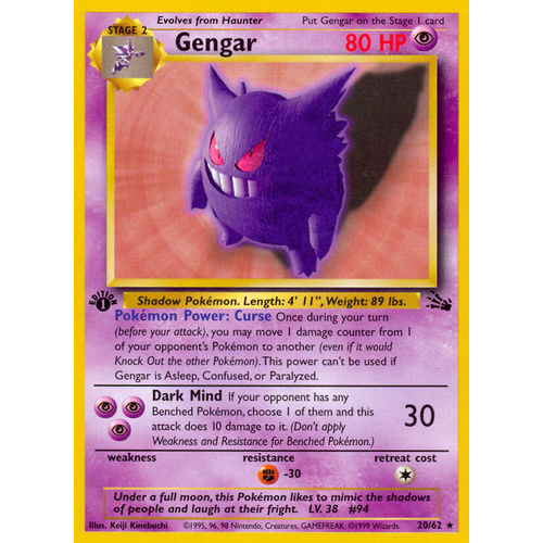 Gengar 20/62 Fossil Set 1st Edition Rare Pokemon Card NEAR MINT TCG