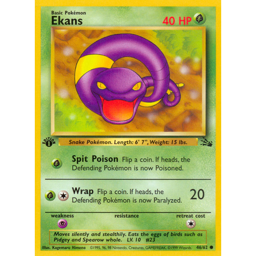 Ekans 46/62 Fossil Set 1st Edition Common Pokemon Card NEAR MINT TCG