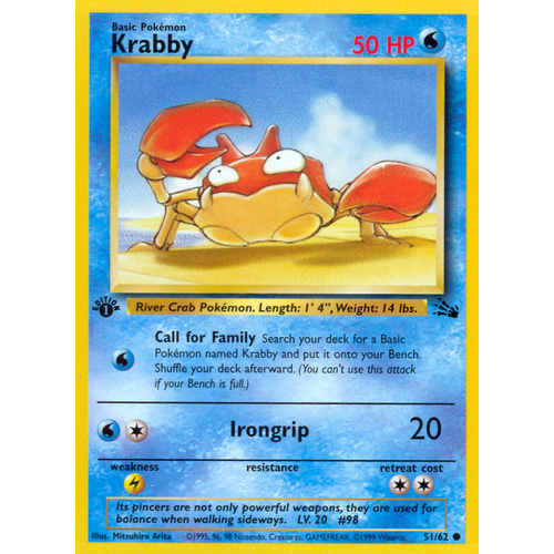 Krabby 51/62 Fossil Set 1st Edition Common Pokemon Card NEAR MINT TCG