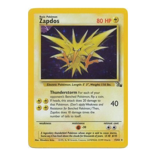 Zapdos 15/62 Fossil Set Unlimited Holo Rare Pokemon Card NEAR MINT TCG
