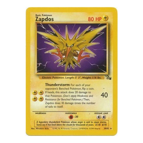 Zapdos 30/62 Fossil Set Unlimited Rare Pokemon Card NEAR MINT TCG