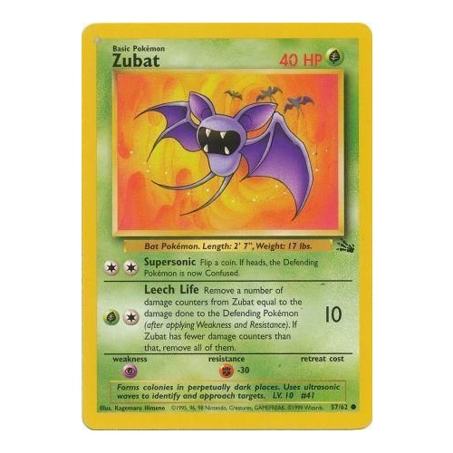 Zubat 57/62 Fossil Set Unlimited Common Pokemon Card NEAR MINT TCG