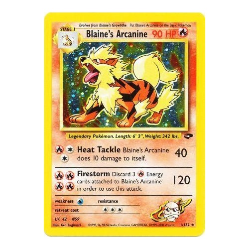 Blaine's Arcanine 1/132 Gym Challenge Unlimited Holo Rare Pokemon Card NEAR MINT TCG