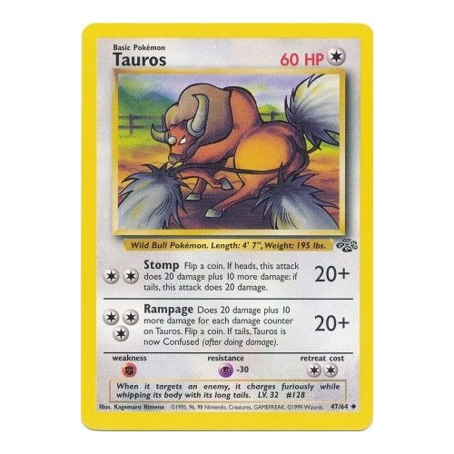 Tauros 47/64 Jungle Set Unlimited Uncommon Pokemon Card NEAR MINT TCG