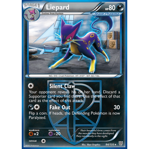 Liepard 84/135 BW Plasma Storm Rare Pokemon Card NEAR MINT TCG