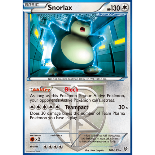 Snorlax 101/135 BW Plasma Storm Rare Pokemon Card NEAR MINT TCG