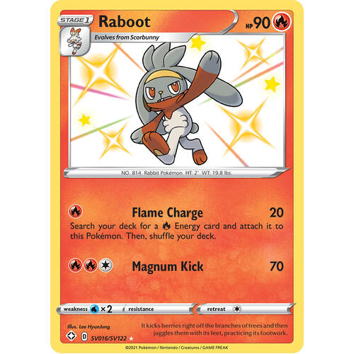 Raboot SV16/SV122 SWSH Shining Fates Holo Shiny Rare Pokemon Card NEAR MINT TCG