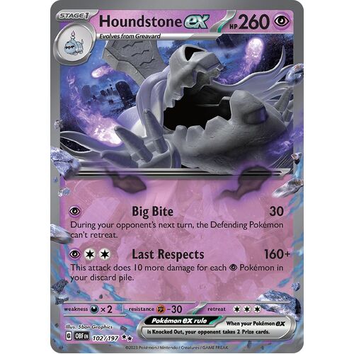 Houndstone ex 102/197 Scarlet and Violet Obsidian Flames Holo Ultra Rare Pokemon Card NEAR MINT TCG