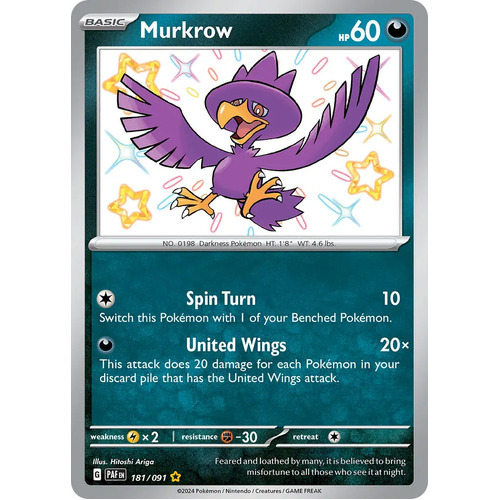 Murkrow 181/091 Scarlet and Violet Paldean Fates Holo Shiny Rare Pokemon Card NEAR MINT TCG