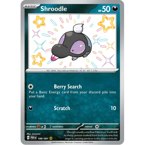 Shroodle 189/091 Scarlet and Violet Paldean Fates Holo Shiny Rare Pokemon Card NEAR MINT TCG