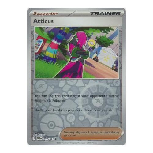 Atticus 077/091 Scarlet and Violet Paldean Fates Reverse Holo Uncommon Supporter Pokemon Card NEAR MINT TCG