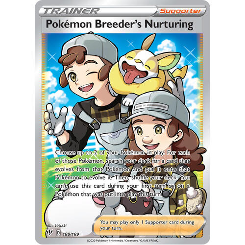 Pokemon Breeder's Nurturing 188/189 SWSH Darkness Ablaze Full Art Holo Ultra Rare Pokemon Card NEAR MINT TCG
