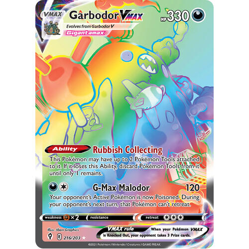 Garbodor VMAX 216/203 SWSH Evolving Skies Full Art Holo Hyper Rainbow Rare Pokemon Card NEAR MINT TCG
