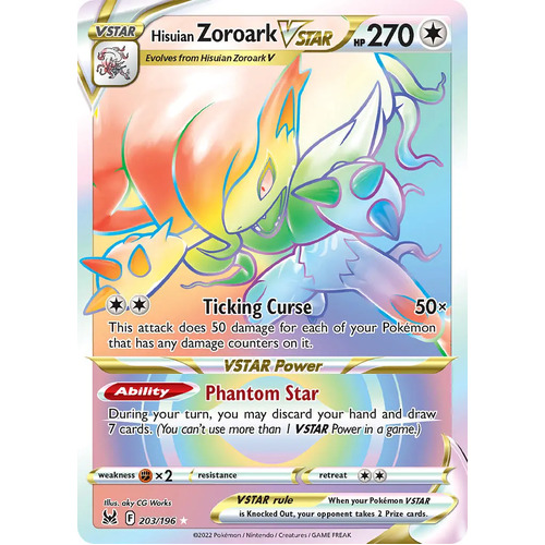 Hisuian Zoroark VSTAR 203/196 SWSH Lost Origin Holo Full Art Hyper Rainbow Rare Pokemon Card NEAR MINT TCG