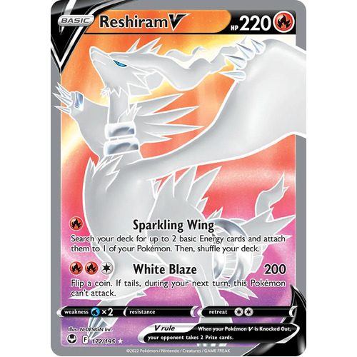 Reshiram V 172/195 SWSH Silver Tempest Holo Full Art Ultra Rare Pokemon  Card NEAR MINT