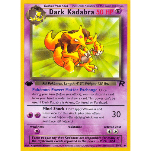 Dark Kadabra 39/82 Team Rocket 1st Edition Uncommon Pokemon Card NEAR MINT TCG