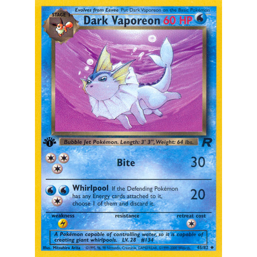 Dark Vaporeon 45/82 Team Rocket 1st Edition Uncommon Pokemon Card NEAR MINT TCG