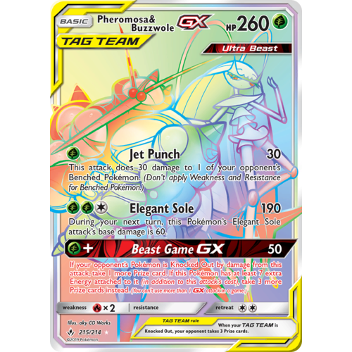 Pheromosa & Buzzwhole GX 215/214 SM Unbroken Bonds Holo Hyper Rainbow Rare Full Art Pokemon Card NEAR MINT TCG