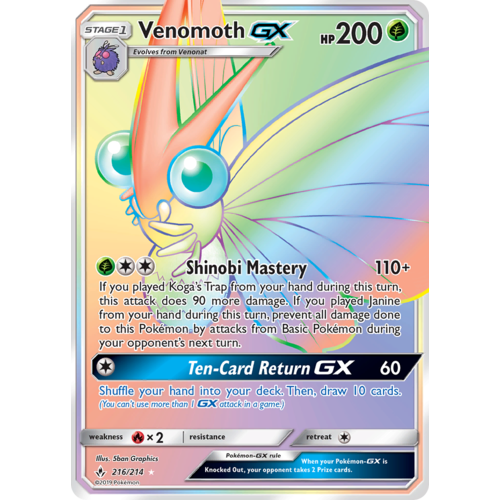 Venomoth GX 216/214 SM Unbroken Bonds Holo Hyper Rainbow Rare Full Art Pokemon Card NEAR MINT TCG
