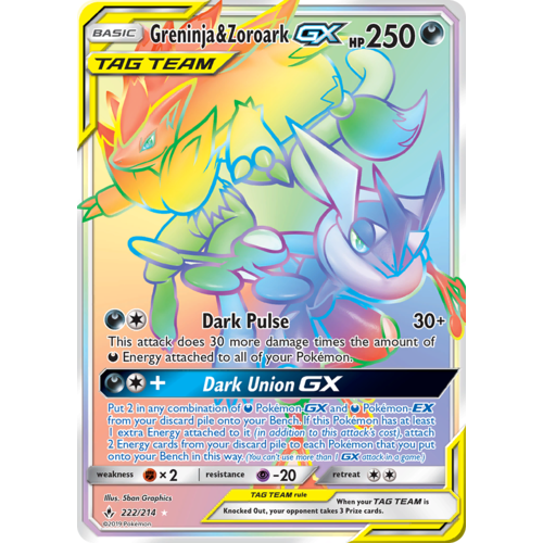Greninja & Zoroark GX 222/214 SM Unbroken Bonds Holo Hyper Rainbow Rare Full Art Pokemon Card NEAR MINT TCG