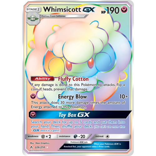 Whimsicott GX 226/214 SM Unbroken Bonds Holo Hyper Rainbow Rare Full Art Pokemon Card NEAR MINT TCG