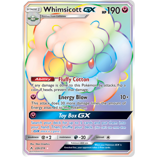 Whimsicott GX 226/214 SM Unbroken Bonds Holo Hyper Rainbow Rare Full Art Pokemon Card NEAR MINT TCG