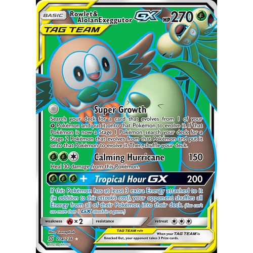 Rowlet & Alolan Exeggutor GX 214/236 SM Unified Minds Holo Full Art Ultra Rare Pokemon Card NEAR MINT TCG